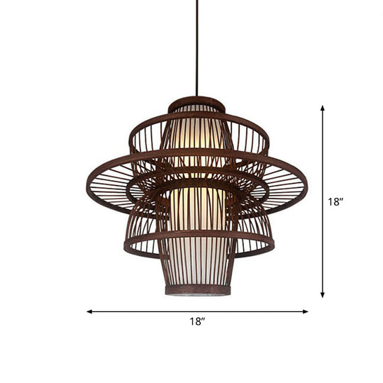 Contemporary Bamboo Cage Hanging Lamp With Coffee Finish And Single Bulb Suspension / Circle