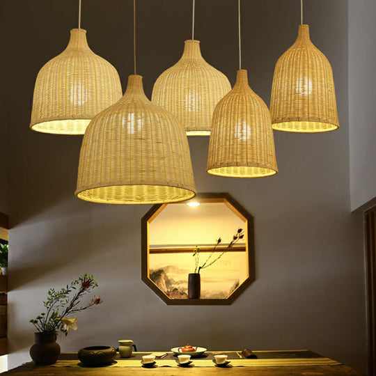 Bamboo Pendant Light Fixture - Asian Cloche Style For Dining Room
