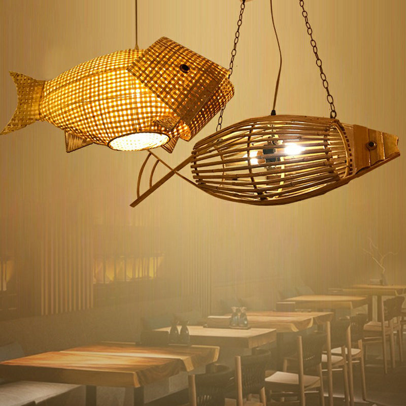 Asian Bamboo Fish Pendant Ceiling Light For Restaurants - Beige