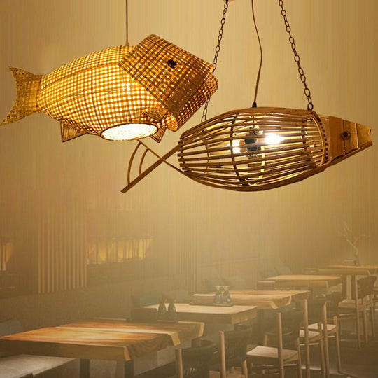 Asian Bamboo Fish Pendant Ceiling Light For Restaurants - Beige