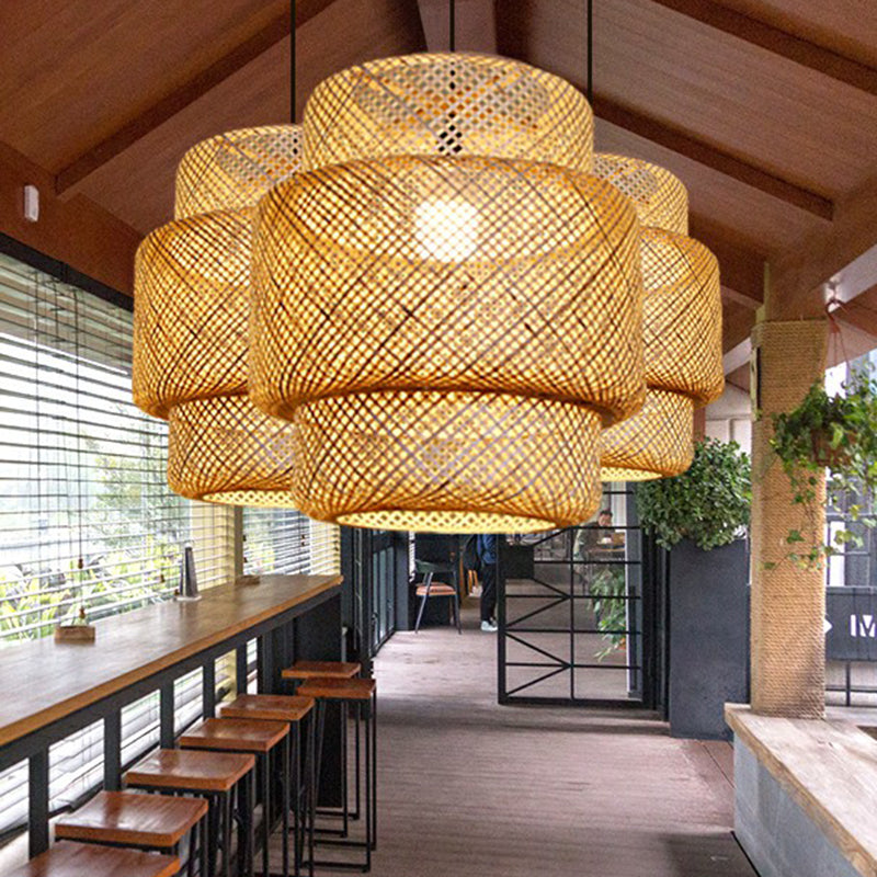 Asia Bamboo Lantern Ceiling Pendant Light - 1-Light Beige Lamp For Corridor