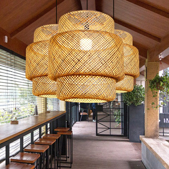 Asia Bamboo Lantern Ceiling Pendant Light - 1-Light Beige Lamp For Corridor
