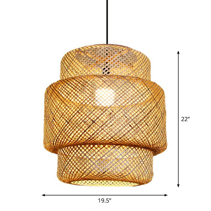 Asia Bamboo Lantern Ceiling Pendant Light - 1-Light Beige Lamp For Corridor / Large