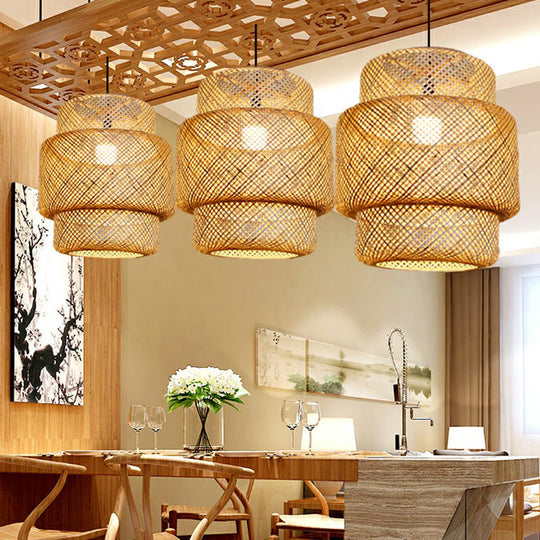 Asia Bamboo Lantern Ceiling Pendant Light - 1-Light Beige Lamp For Corridor