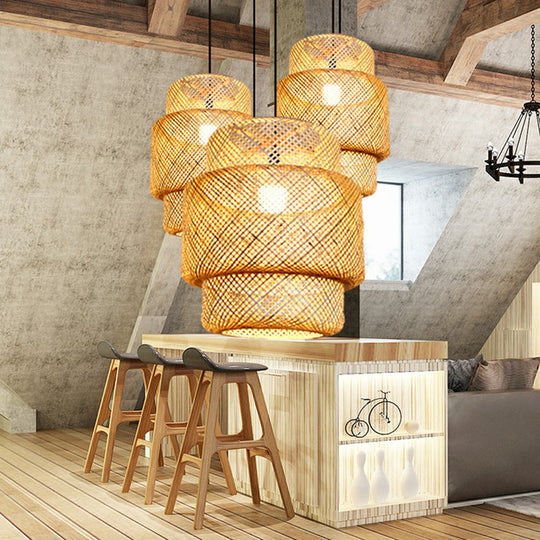 Asia Bamboo Lantern Ceiling Pendant Light - 1-Light Beige Lamp For Corridor