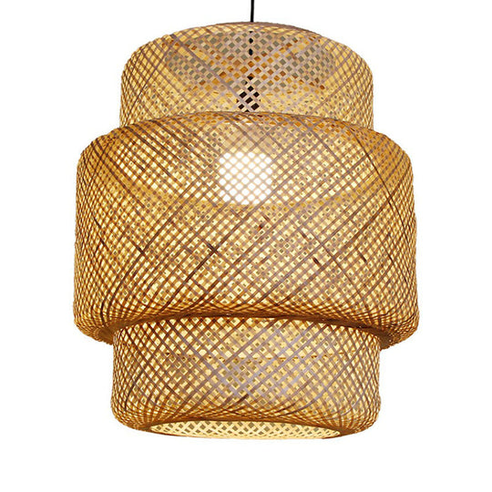 Asia Bamboo Lantern Ceiling Pendant Light - 1-Light Beige Lamp For Corridor