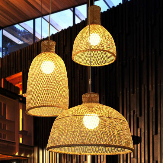 Bamboo Woven Shade Ceiling Light - Minimalistic 1-Head Beige Suspension Pendant