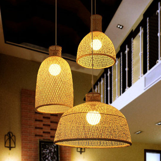 Bamboo Woven Shade Ceiling Light - Minimalistic 1-Head Beige Suspension Pendant