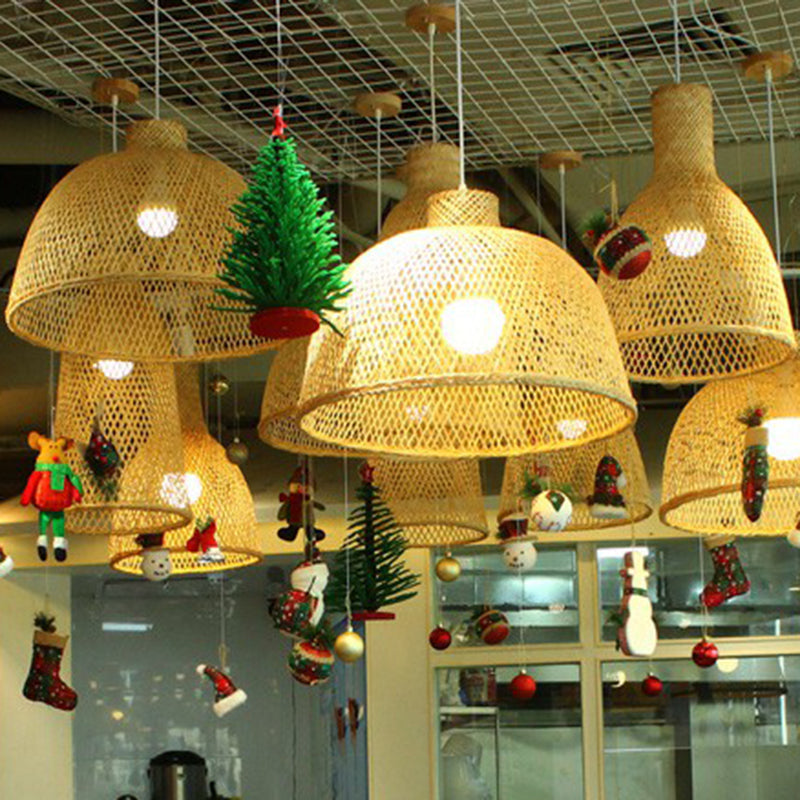 Bamboo Woven Shade Ceiling Light - Minimalistic 1-Head Beige Suspension Pendant