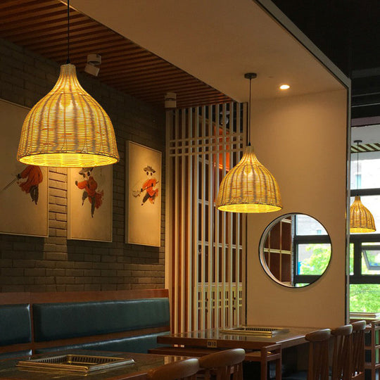 Bamboo Asian Hanging Lamp - Single-Bulb Ceiling Fixture For Restaurants In Beige