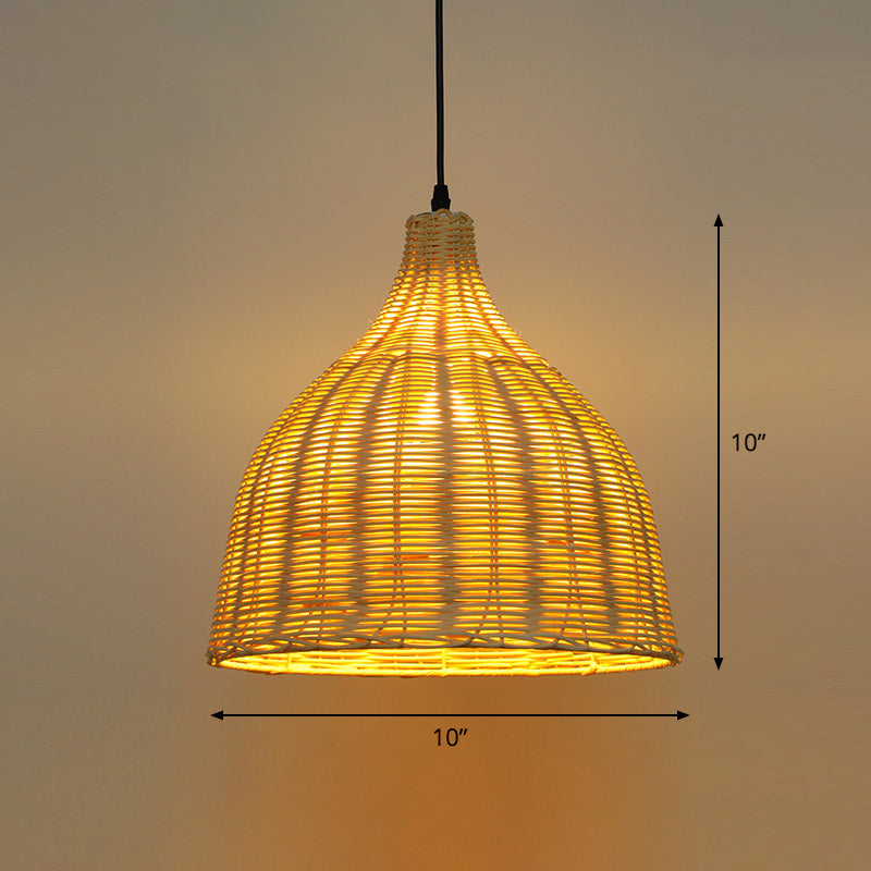 Bamboo Asian Hanging Lamp - Single-Bulb Ceiling Fixture For Restaurants In Beige