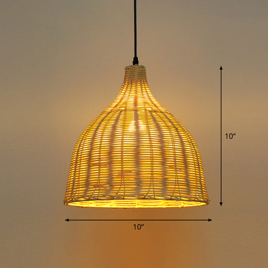 Bamboo Asian Hanging Lamp - Single-Bulb Ceiling Fixture For Restaurants In Beige