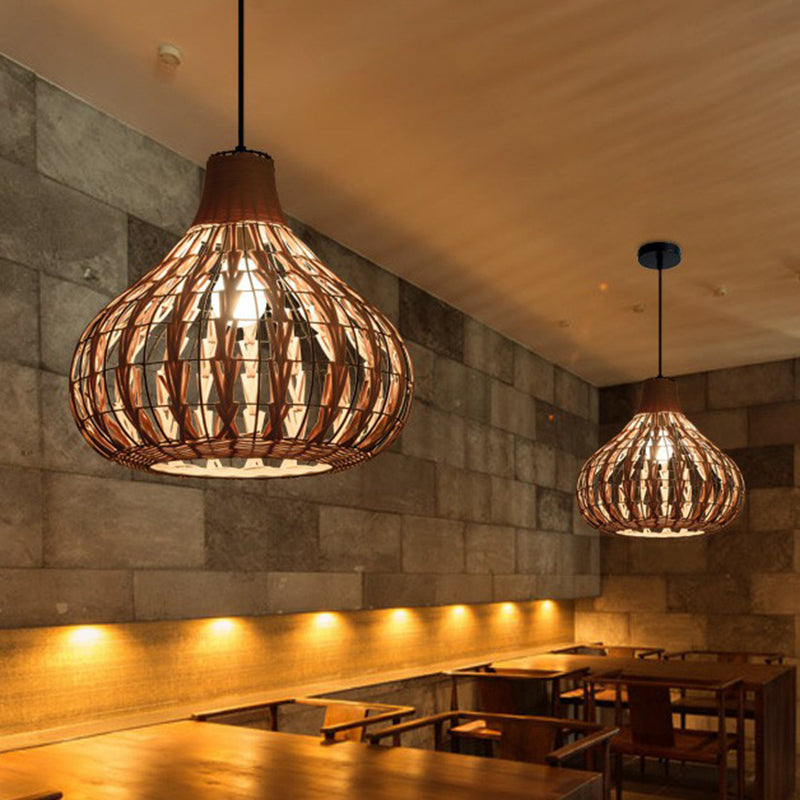 Rustic Bamboo Pendant Light: Pear-Shaped Suspended Lighting For Restaurant Wood Finish