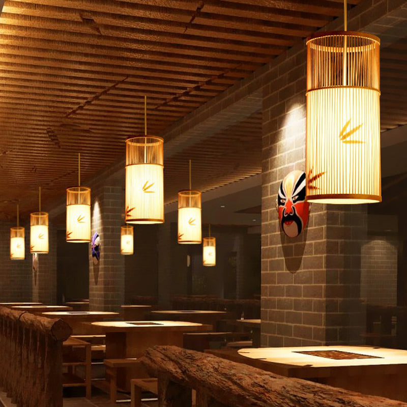 Bamboo Pendant Ceiling Light With Wood Cylindrical Pendulum - Asian Style Single Bulb Ideal For