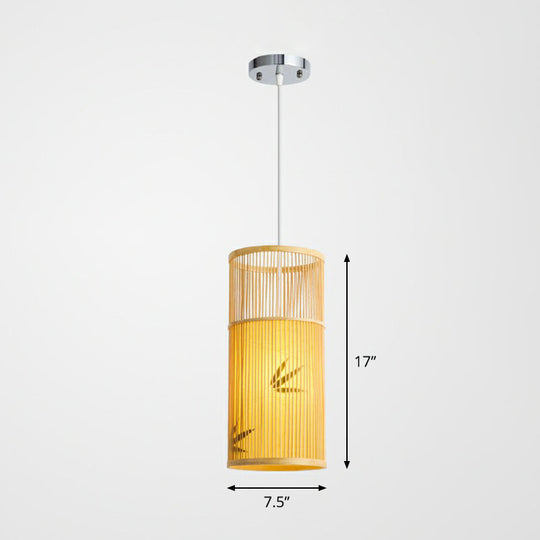 Bamboo Pendant Ceiling Light With Wood Cylindrical Pendulum - Asian Style Single Bulb Ideal For