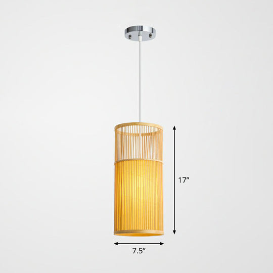 Bamboo Pendant Ceiling Light With Wood Cylindrical Pendulum - Asian Style Single Bulb Ideal For