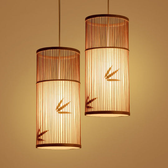 Bamboo Pendant Ceiling Light With Wood Cylindrical Pendulum - Asian Style Single Bulb Ideal For