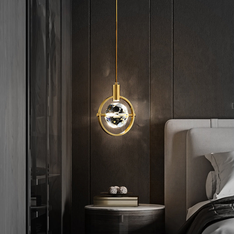 Minimalist Golden Crystal Ball LED Suspension Light for Bedroom - Beveled K9 Crystal Hanging Lamp