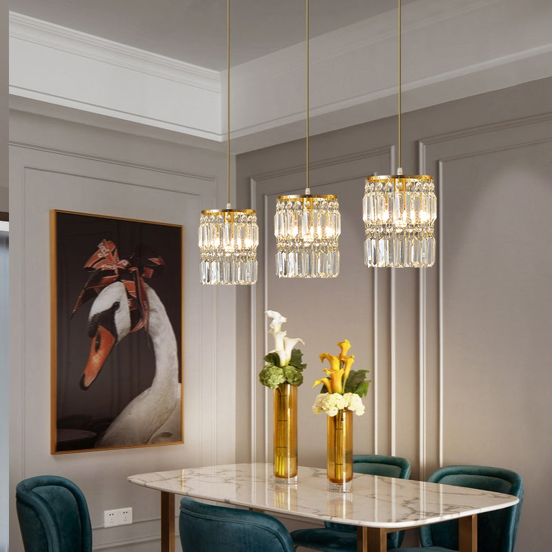 Modern Gold Pendulum Dining Room Light With Prismatic Crystal Shade