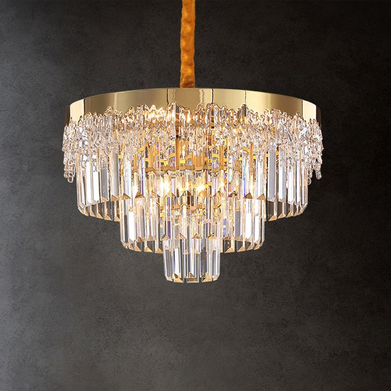 Gold Minimalist Crystal Rod Chandelier - 3-Layer Bedroom Lighting Fixture