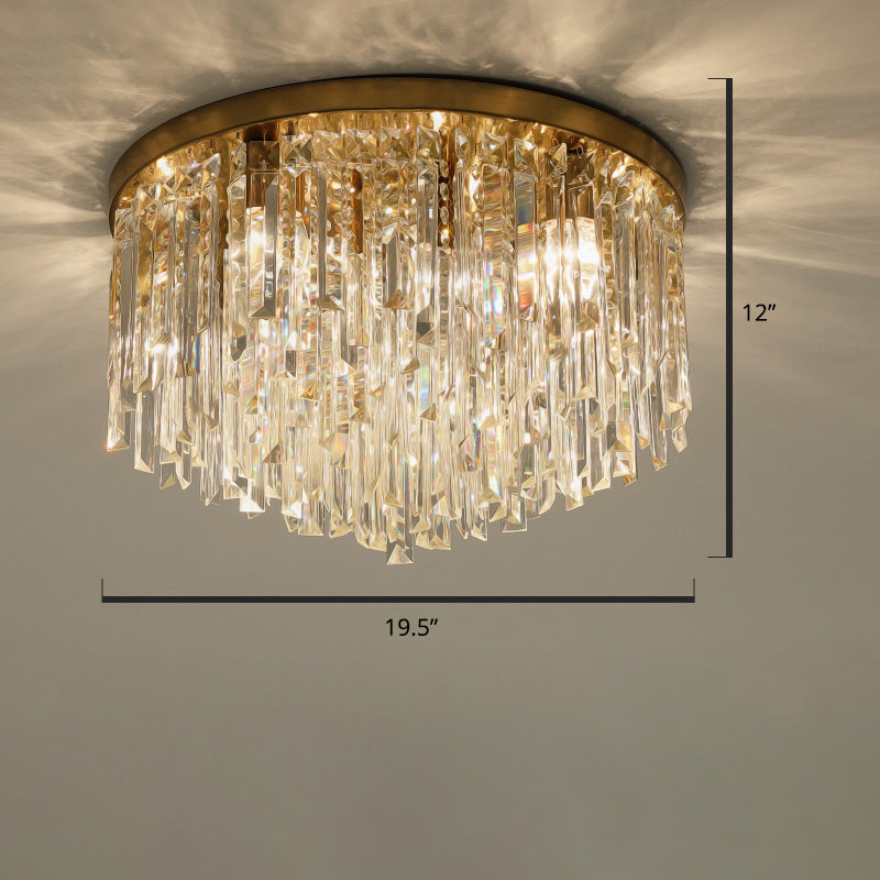 Modern Round Flushmount Bedroom Ceiling Light With Clear Crystal Icicles Brass / 19.5