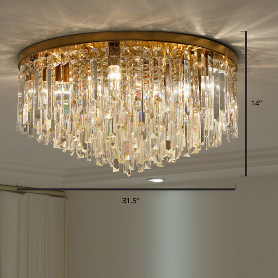 Modern Round Flushmount Bedroom Ceiling Light With Clear Crystal Icicles Brass / 31.5