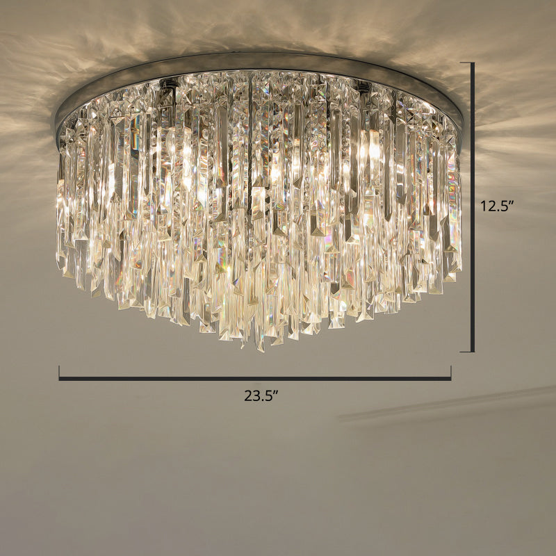 Modern Round Flushmount Bedroom Ceiling Light with Clear Crystal Icicles