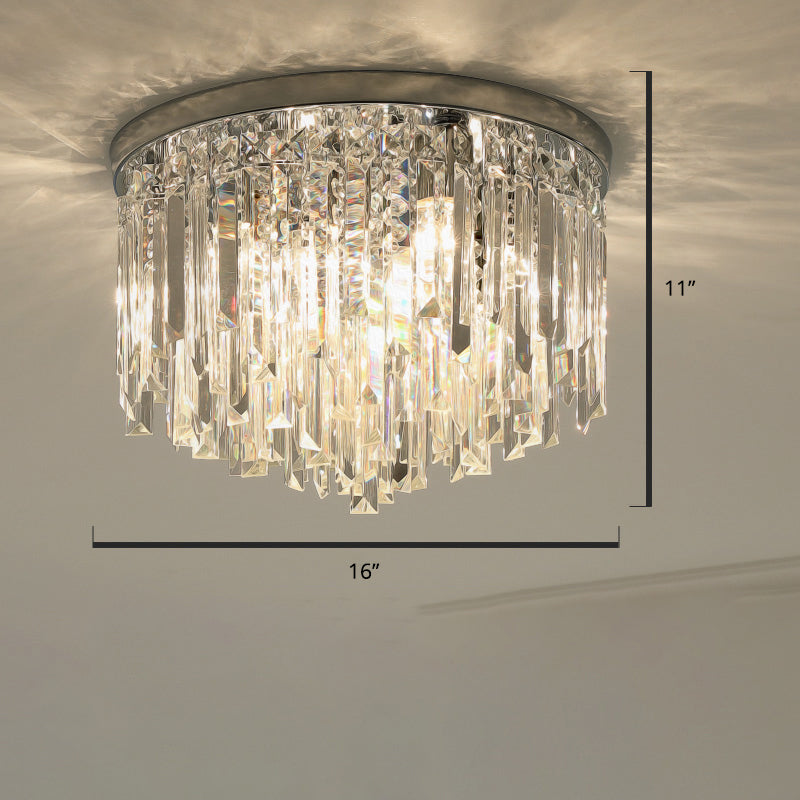 Modern Round Flushmount Bedroom Ceiling Light With Clear Crystal Icicles Chrome / 16
