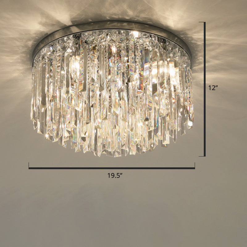 Modern Round Flushmount Bedroom Ceiling Light with Clear Crystal Icicles