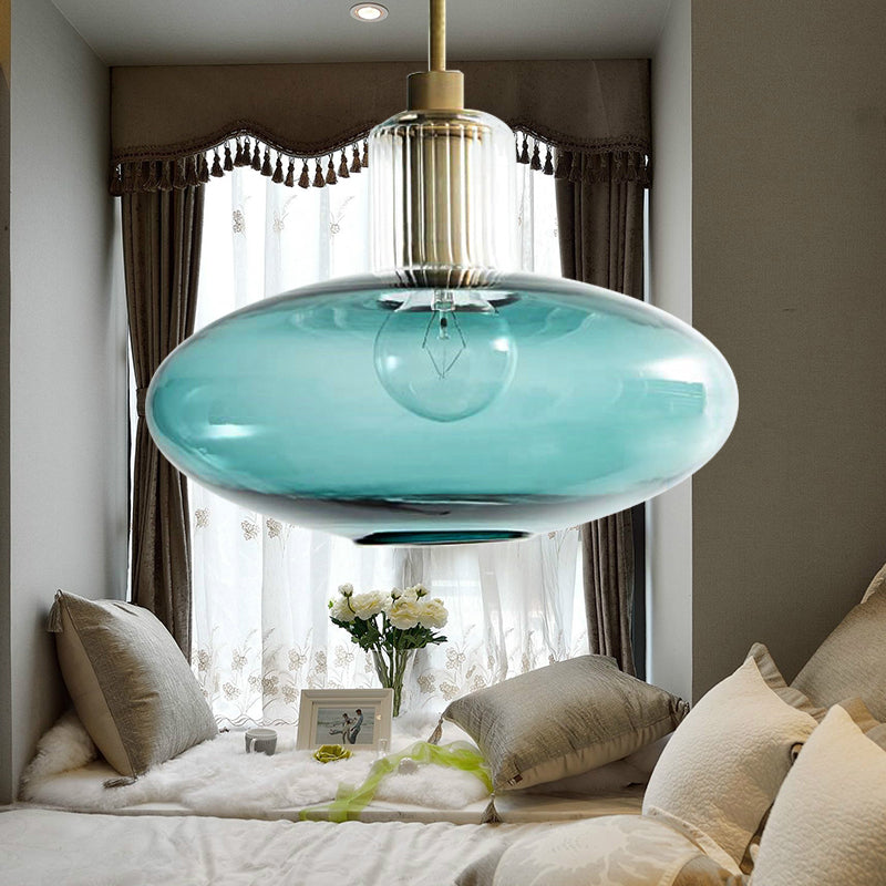 Modern Oval Pendant Light With Grey/Blue Glass - Ideal For Bedrooms
