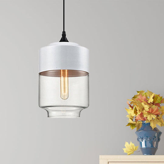 Modern 1-Light Glass Suspension Pendant In White/Black - 5/7/8 Wide Drum/Cylinder/Jar Clear/Yellow