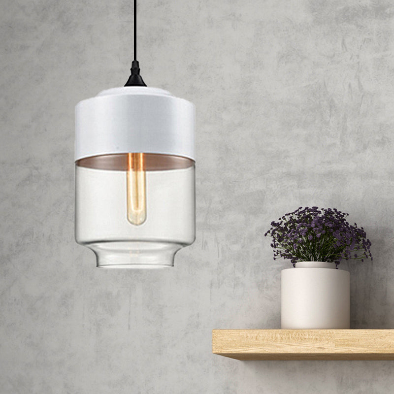 Modern 1-Light Drum/Cylinder/Jar Suspension Pendant – Clear/Yellow Glass – White/Black Fixture