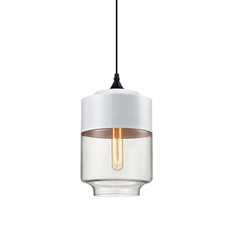 Modern 1-Light Drum/Cylinder/Jar Suspension Pendant – Clear/Yellow Glass – White/Black Fixture
