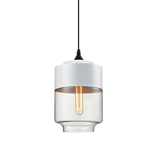 Modern 1-Light Drum/Cylinder/Jar Suspension Pendant – Clear/Yellow Glass – White/Black Fixture