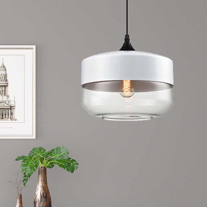 Modern 1-Light Drum/Cylinder/Jar Suspension Pendant – Clear/Yellow Glass – White/Black Fixture