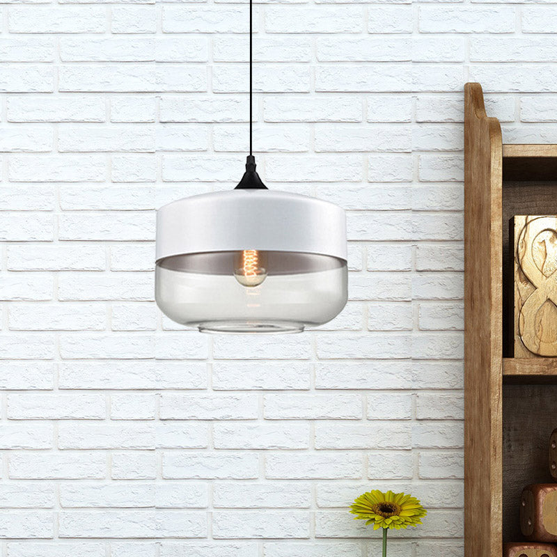 Modern 1-Light Drum/Cylinder/Jar Suspension Pendant – Clear/Yellow Glass – White/Black Fixture