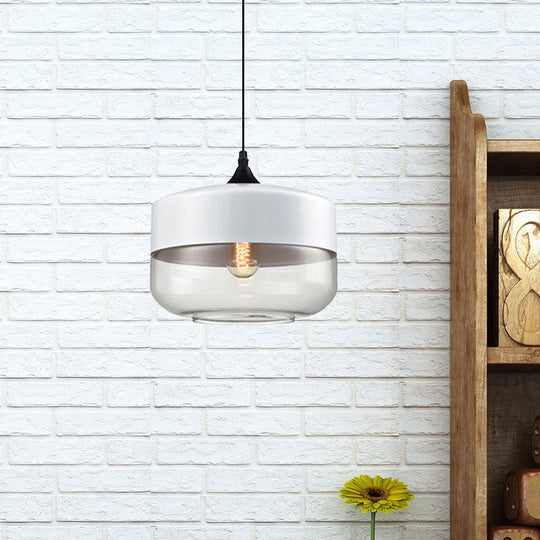 Modern 1-Light Drum/Cylinder/Jar Suspension Pendant – Clear/Yellow Glass – White/Black Fixture
