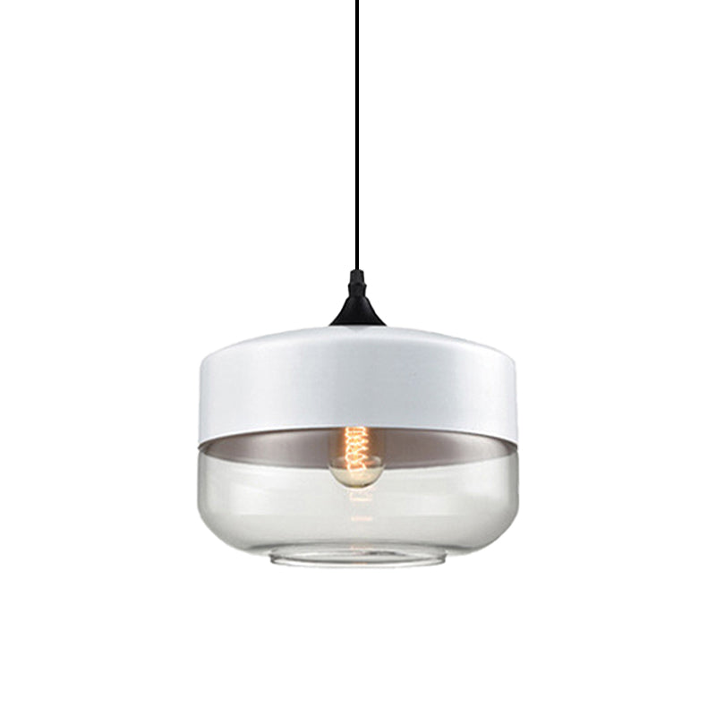 Modern 1-Light Drum/Cylinder/Jar Suspension Pendant – Clear/Yellow Glass – White/Black Fixture