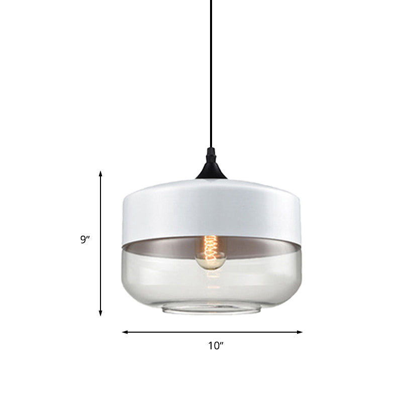 Modern 1-Light Drum/Cylinder/Jar Suspension Pendant – Clear/Yellow Glass – White/Black Fixture