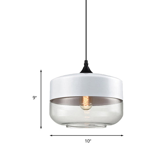 Modern 1-Light Drum/Cylinder/Jar Suspension Pendant – Clear/Yellow Glass – White/Black Fixture
