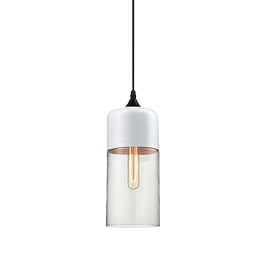 Modern 1-Light Drum/Cylinder/Jar Suspension Pendant – Clear/Yellow Glass – White/Black Fixture