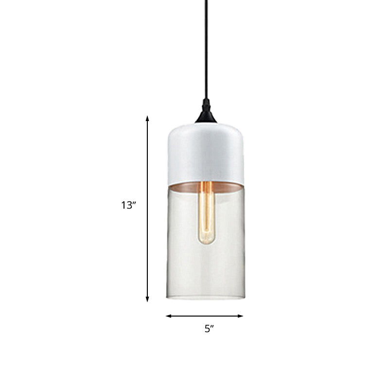 Modern 1-Light Drum/Cylinder/Jar Suspension Pendant – Clear/Yellow Glass – White/Black Fixture