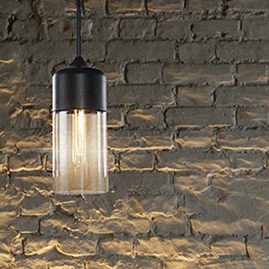 Modern 1-Light Drum/Cylinder/Jar Suspension Pendant – Clear/Yellow Glass – White/Black Fixture