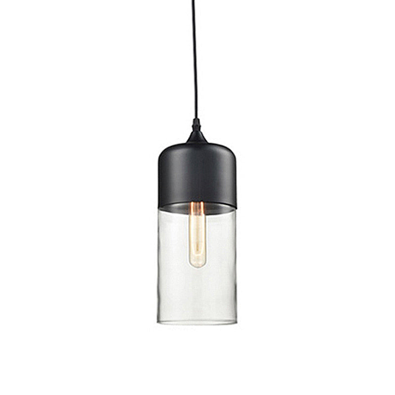 Modern 1-Light Drum/Cylinder/Jar Suspension Pendant – Clear/Yellow Glass – White/Black Fixture