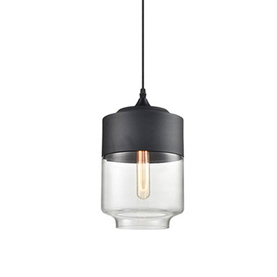 Modern 1-Light Drum/Cylinder/Jar Suspension Pendant – Clear/Yellow Glass – White/Black Fixture