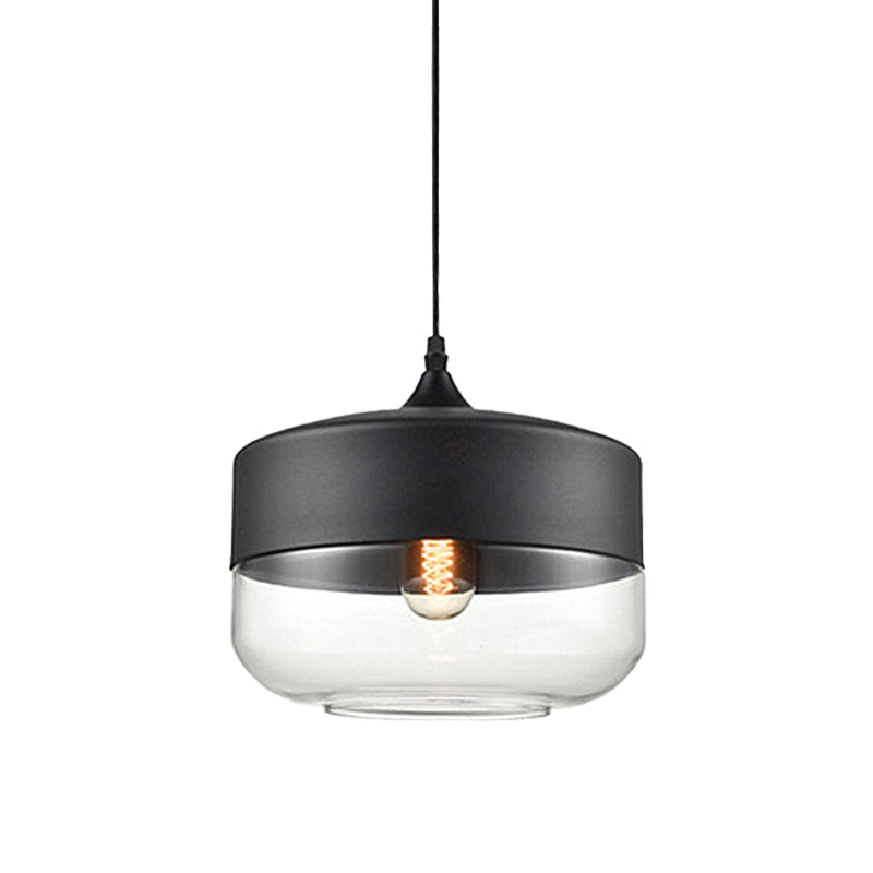 Modern 1-Light Drum/Cylinder/Jar Suspension Pendant – Clear/Yellow Glass – White/Black Fixture