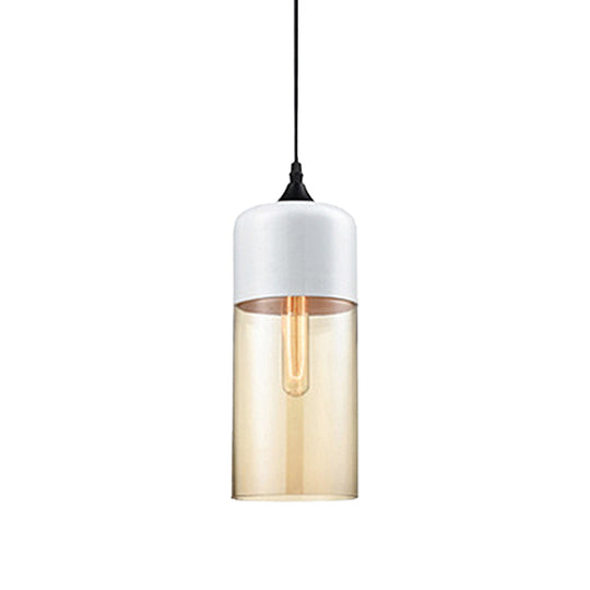Modern 1-Light Drum/Cylinder/Jar Suspension Pendant – Clear/Yellow Glass – White/Black Fixture