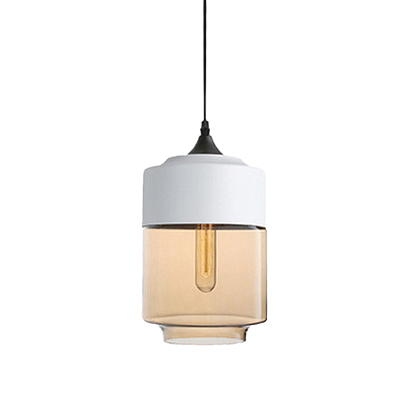 Modern 1-Light Glass Suspension Pendant In White/Black - 5/7/8 Wide Drum/Cylinder/Jar Clear/Yellow