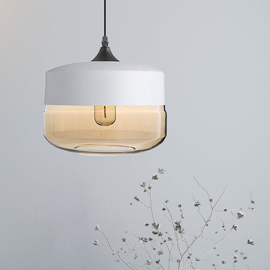 Modern 1-Light Glass Suspension Pendant In White/Black - 5/7/8 Wide Drum/Cylinder/Jar Clear/Yellow