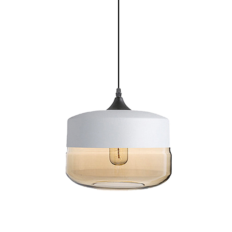 Modern 1-Light Drum/Cylinder/Jar Suspension Pendant – Clear/Yellow Glass – White/Black Fixture